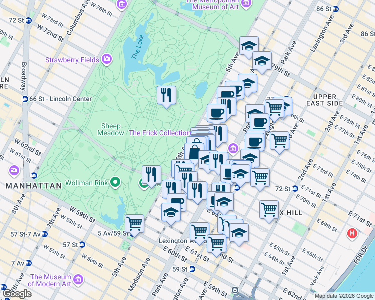 map of restaurants, bars, coffee shops, grocery stores, and more near 875 5th Avenue in New York