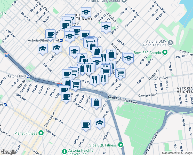 map of restaurants, bars, coffee shops, grocery stores, and more near 42-05 23rd Avenue in Queens