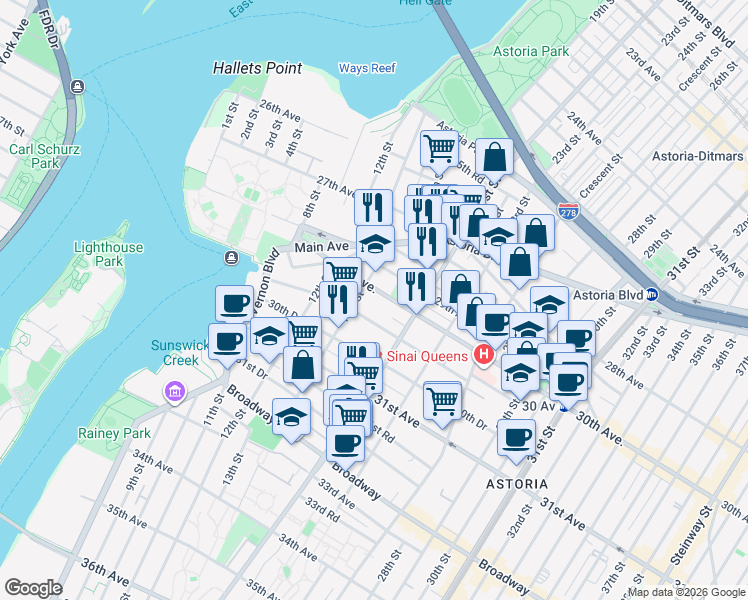 map of restaurants, bars, coffee shops, grocery stores, and more near 14-14 30th Avenue in Queens