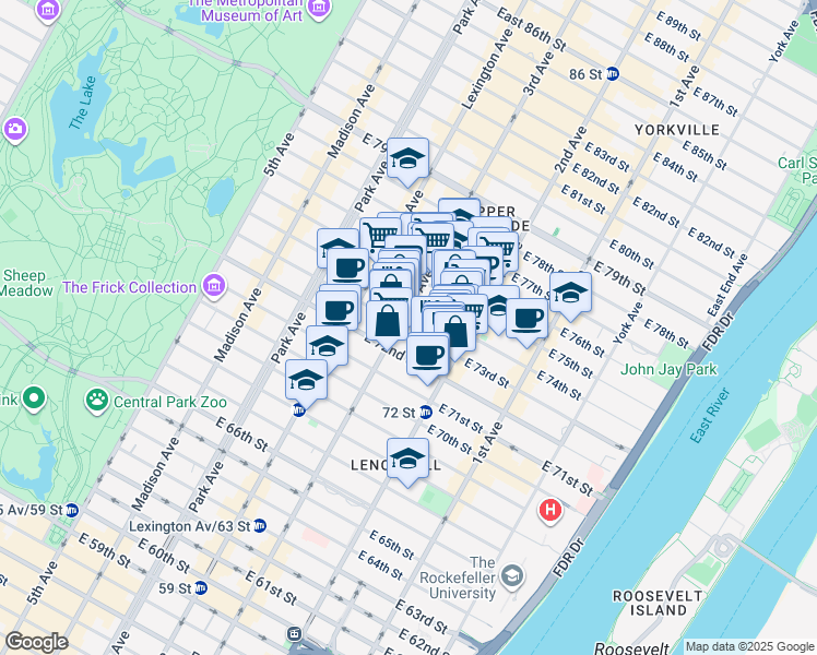 map of restaurants, bars, coffee shops, grocery stores, and more near 201 East 73rd Street in New York