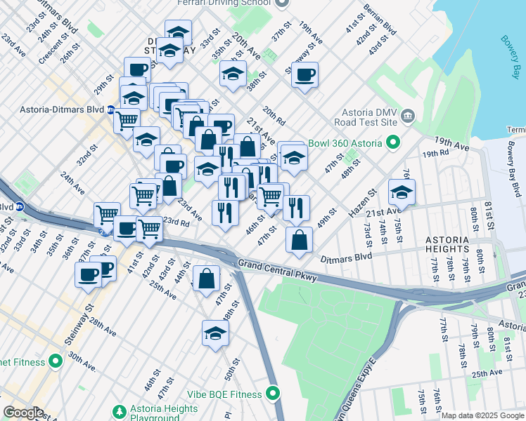 map of restaurants, bars, coffee shops, grocery stores, and more near 45-2 Ditmars Boulevard in Queens