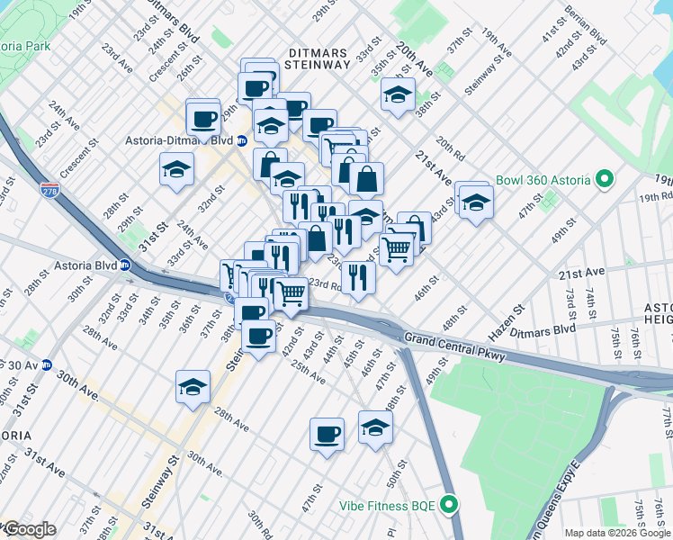 map of restaurants, bars, coffee shops, grocery stores, and more near 41-6 23rd Avenue in Queens