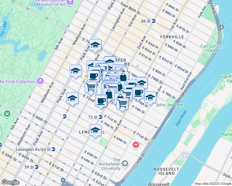 map of restaurants, bars, coffee shops, grocery stores, and more near 1430 2nd Avenue in New York
