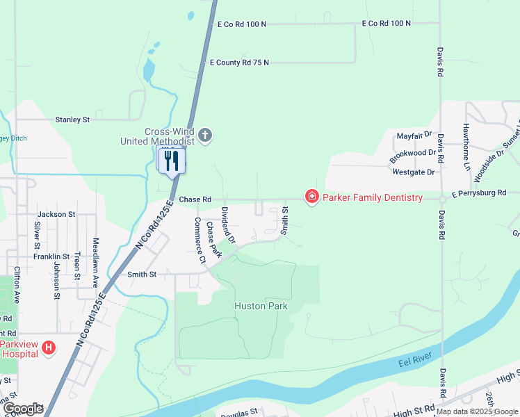 map of restaurants, bars, coffee shops, grocery stores, and more near 1617 Chase Road in Logansport