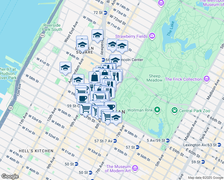 map of restaurants, bars, coffee shops, grocery stores, and more near 25 Central Park West in New York