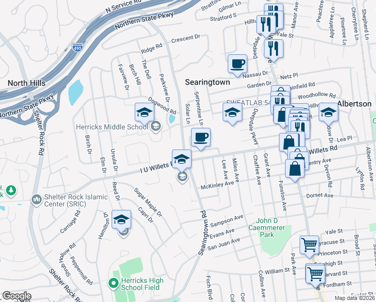 map of restaurants, bars, coffee shops, grocery stores, and more near 27 Sunset Road West in Albertson