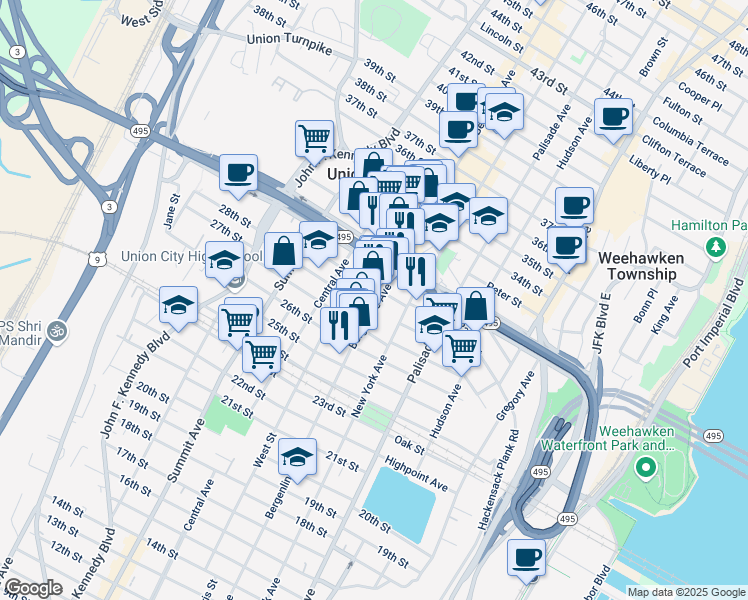 map of restaurants, bars, coffee shops, grocery stores, and more near 2813 Bergenline Avenue in Union City