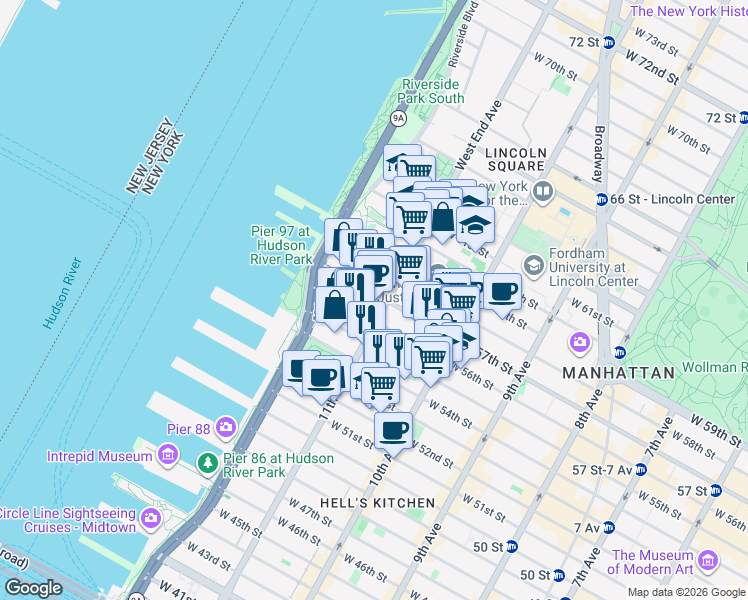 map of restaurants, bars, coffee shops, grocery stores, and more near 600 West 57th Street in New York