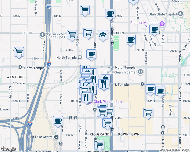 map of restaurants, bars, coffee shops, grocery stores, and more near 49 West Fourth North in Salt Lake City