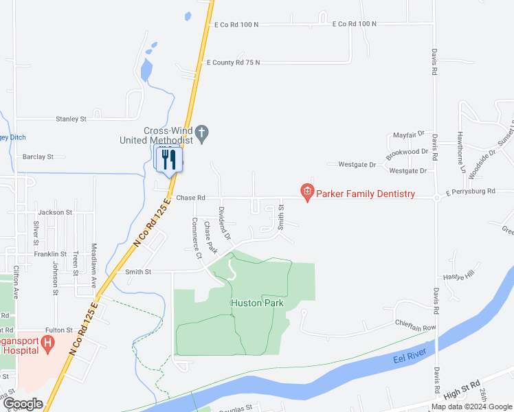 map of restaurants, bars, coffee shops, grocery stores, and more near 1617 Chase Road in Logansport