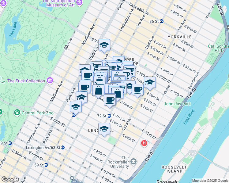 map of restaurants, bars, coffee shops, grocery stores, and more near 220 East 73rd Street in New York