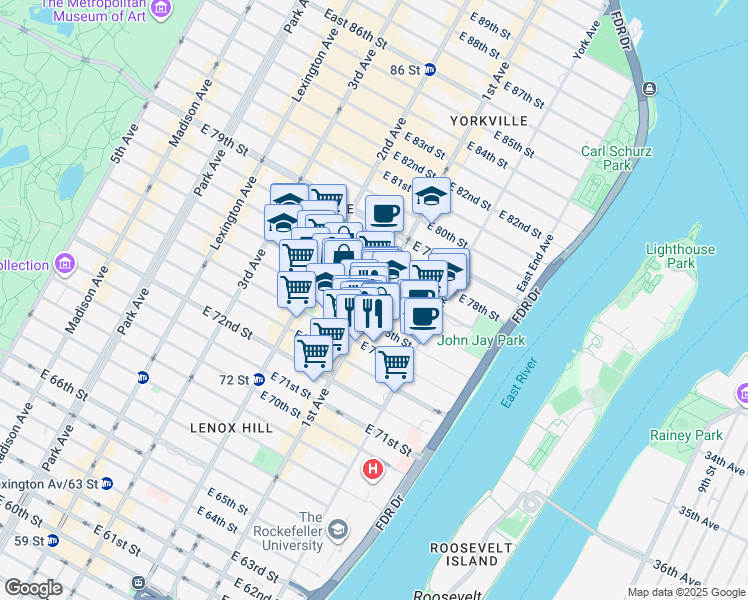 map of restaurants, bars, coffee shops, grocery stores, and more near East 76th Street in New York