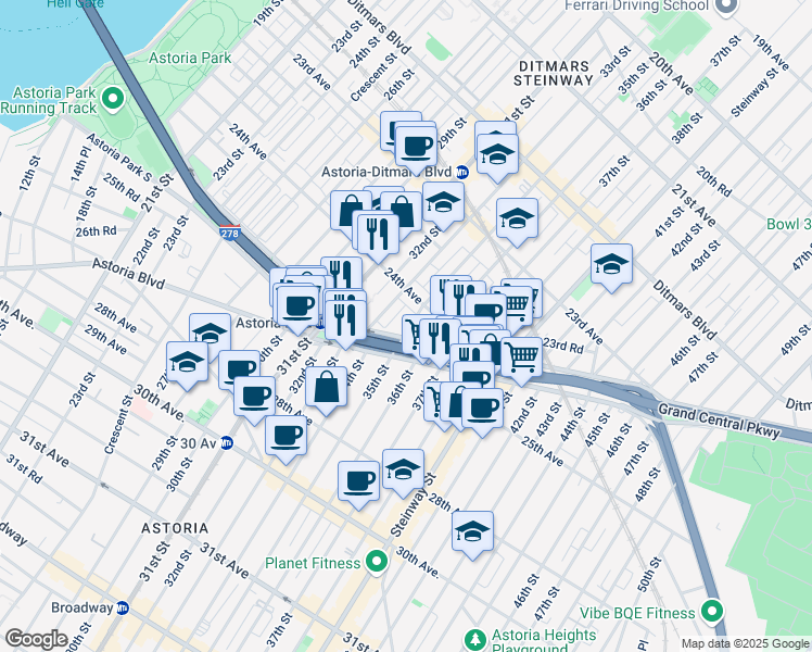 map of restaurants, bars, coffee shops, grocery stores, and more near 2424R 35th Street in Queens