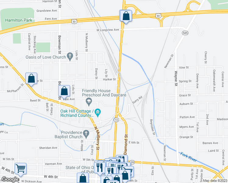 map of restaurants, bars, coffee shops, grocery stores, and more near 441 North Main Street in Mansfield