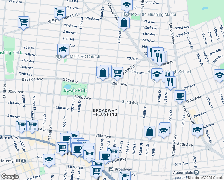 map of restaurants, bars, coffee shops, grocery stores, and more near 29-24 163rd Street in Queens