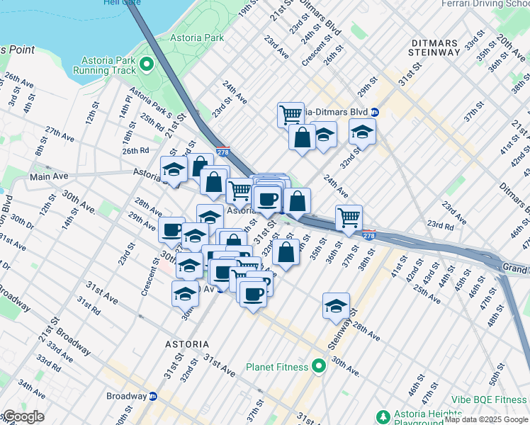 map of restaurants, bars, coffee shops, grocery stores, and more near 30-03 Astoria Boulevard in Queens