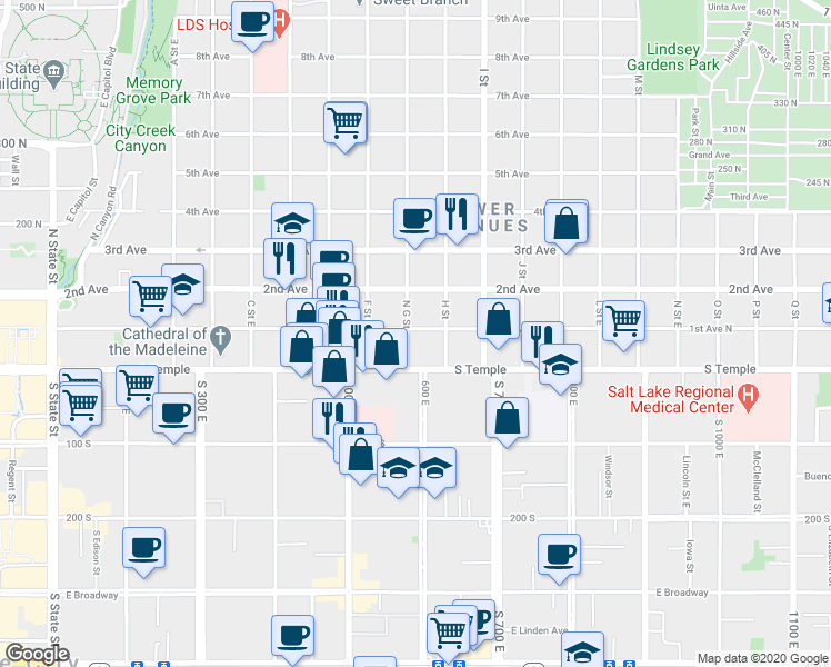 map of restaurants, bars, coffee shops, grocery stores, and more near 30 North G Street in Salt Lake City