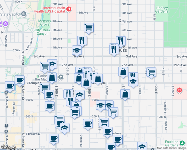 map of restaurants, bars, coffee shops, grocery stores, and more near 30 F Street East in Salt Lake City