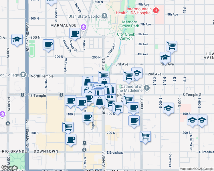 map of restaurants, bars, coffee shops, grocery stores, and more near 41 North State Street in Salt Lake City