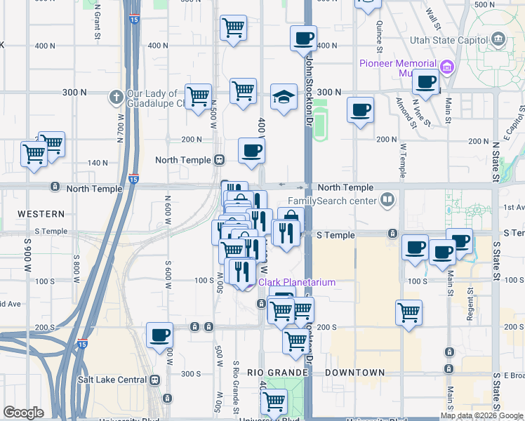 map of restaurants, bars, coffee shops, grocery stores, and more near 49N North 400 West in Salt Lake City