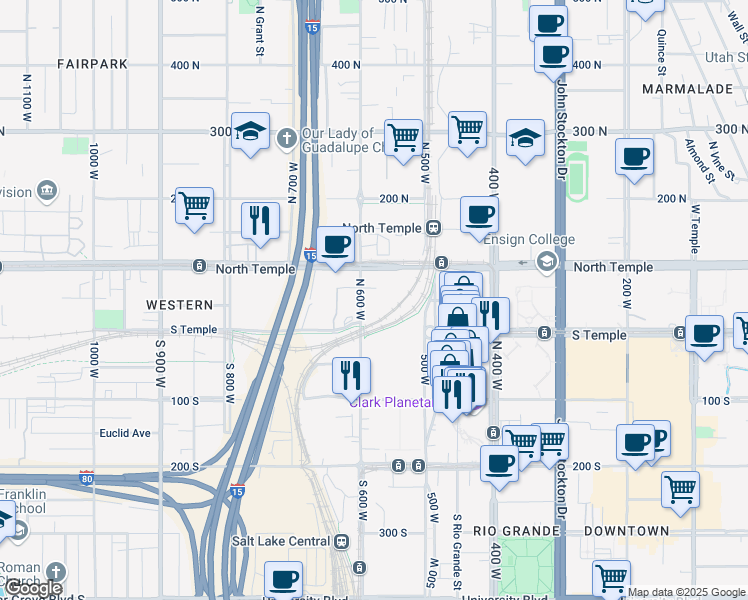map of restaurants, bars, coffee shops, grocery stores, and more near 24 North 600 West in Salt Lake City