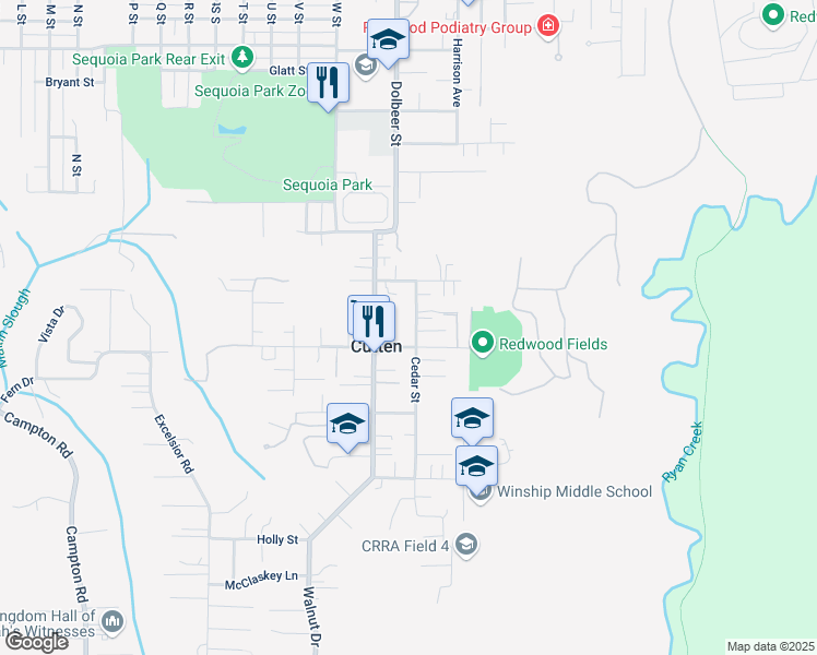 map of restaurants, bars, coffee shops, grocery stores, and more near 2395 Fern Street in Eureka
