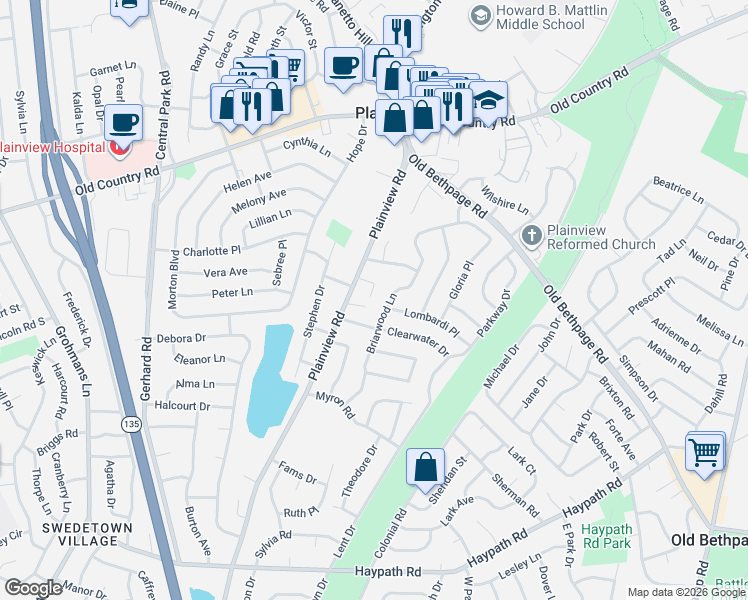 map of restaurants, bars, coffee shops, grocery stores, and more near 5 Clearwater Drive in Plainview