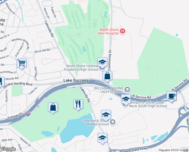 map of restaurants, bars, coffee shops, grocery stores, and more near 69 North Service Road in Lake Success