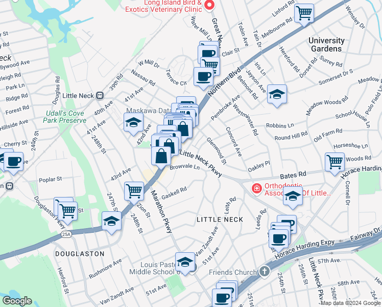 map of restaurants, bars, coffee shops, grocery stores, and more near 46-16 Little Neck Parkway in Queens