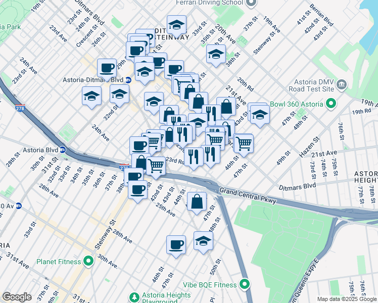 map of restaurants, bars, coffee shops, grocery stores, and more near 42-05 23rd Avenue in Queens