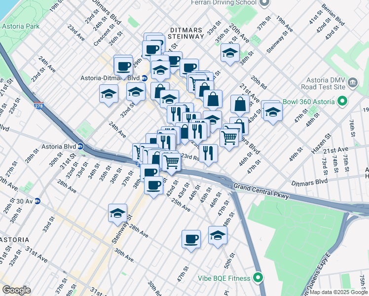 map of restaurants, bars, coffee shops, grocery stores, and more near 23-25 41st Street in Queens