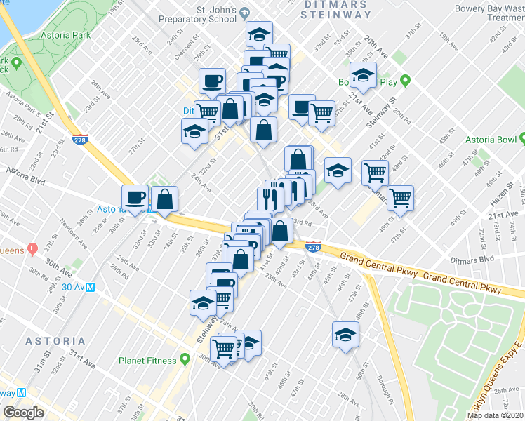 map of restaurants, bars, coffee shops, grocery stores, and more near 23-80 38th Street in Queens