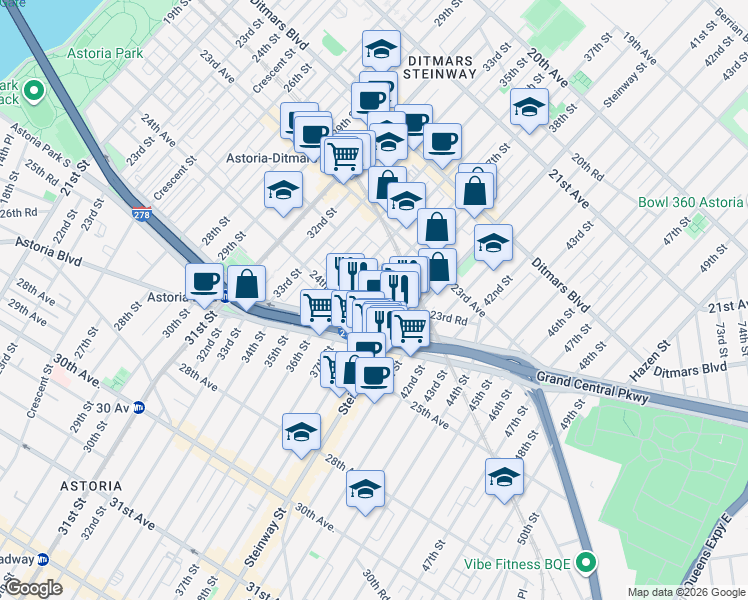 map of restaurants, bars, coffee shops, grocery stores, and more near 23-80 38th Street in Queens