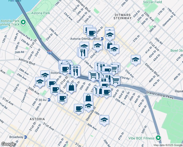 map of restaurants, bars, coffee shops, grocery stores, and more near 2424R 35th Street in Queens
