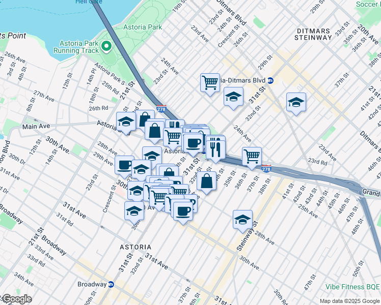 map of restaurants, bars, coffee shops, grocery stores, and more near in Queens