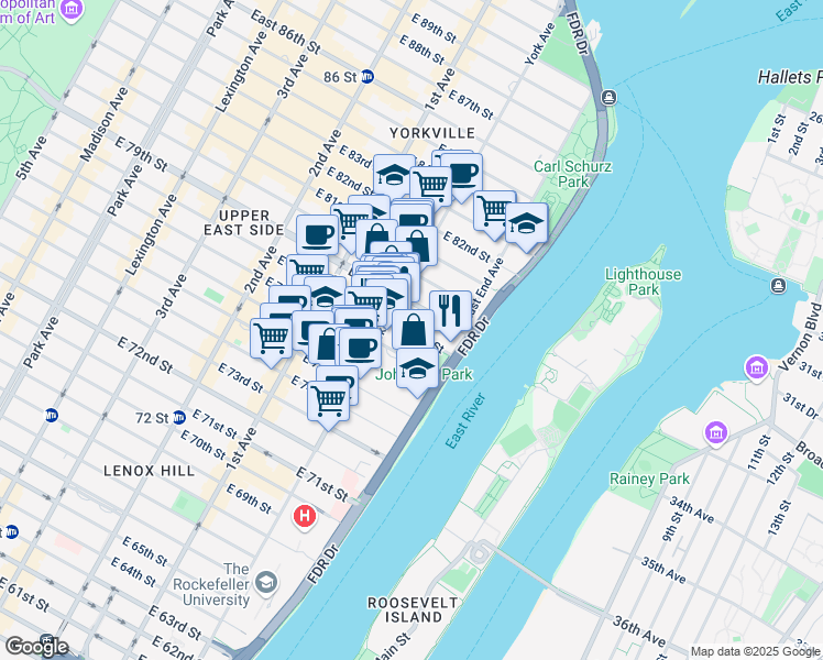 map of restaurants, bars, coffee shops, grocery stores, and more near 520 East 77th Street in New York