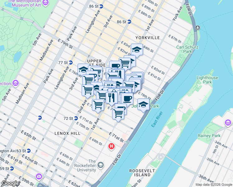 map of restaurants, bars, coffee shops, grocery stores, and more near 401 East 76th Street in New York