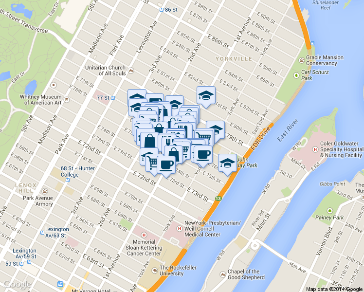 map of restaurants, bars, coffee shops, grocery stores, and more near 1445 1st Avenue in New York