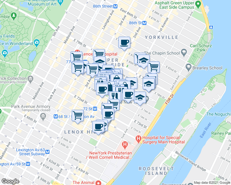 map of restaurants, bars, coffee shops, grocery stores, and more near 310 East 75th Street in New York