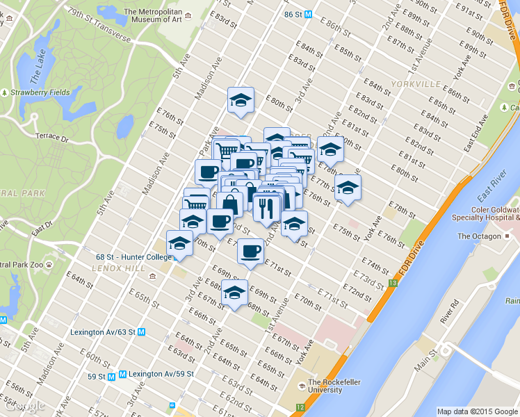 map of restaurants, bars, coffee shops, grocery stores, and more near 220 East 73rd Street in New York