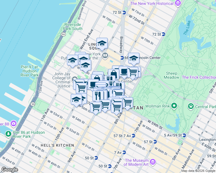 map of restaurants, bars, coffee shops, grocery stores, and more near 60 Columbus Avenue in New York
