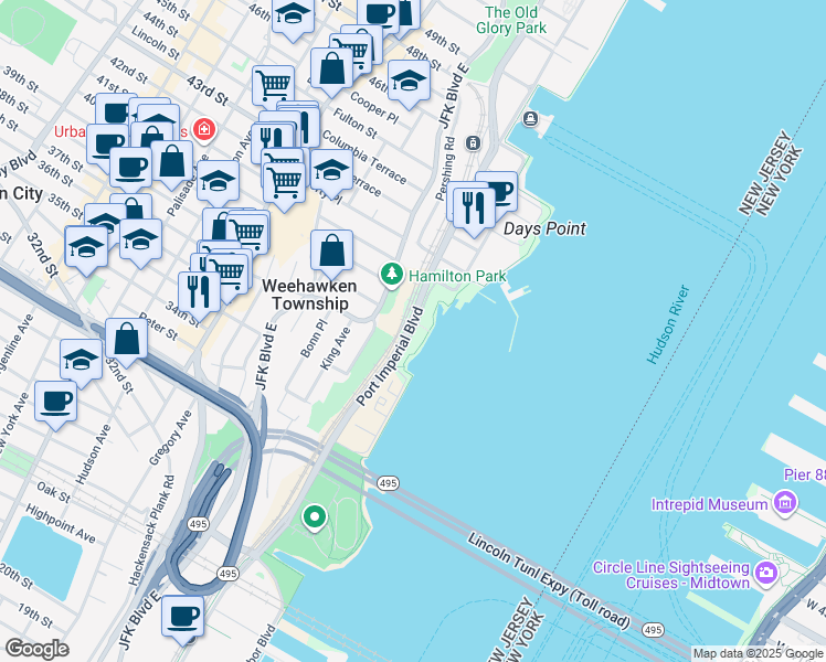 map of restaurants, bars, coffee shops, grocery stores, and more near in Weehawken