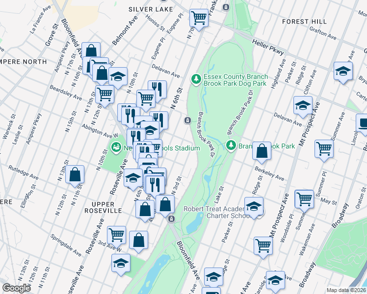 map of restaurants, bars, coffee shops, grocery stores, and more near 671 North 3rd Street in Newark
