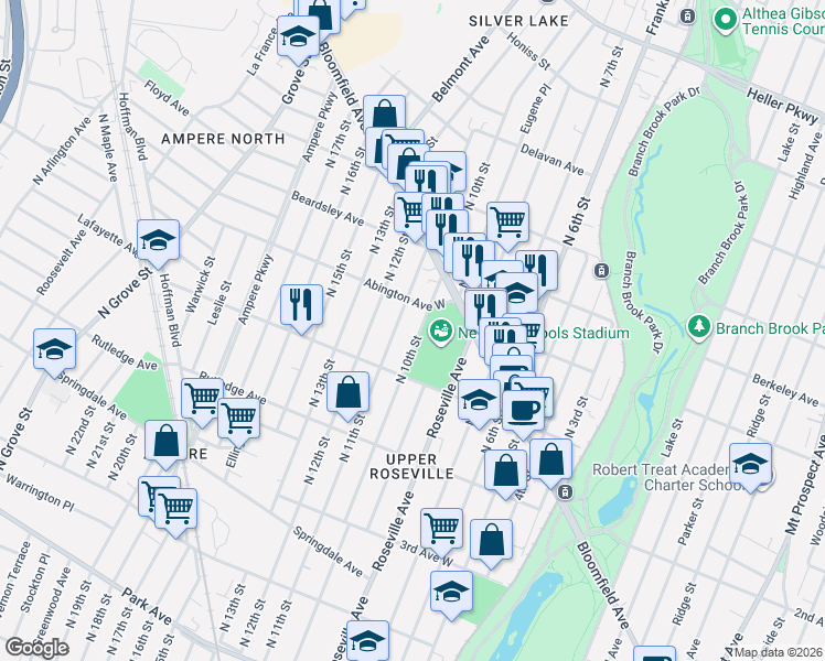 map of restaurants, bars, coffee shops, grocery stores, and more near 164 North 10th Street in Newark