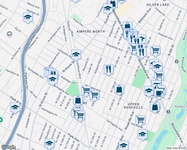 map of restaurants, bars, coffee shops, grocery stores, and more near 99 Ampere Parkway in East Orange