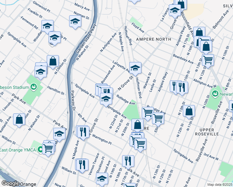 map of restaurants, bars, coffee shops, grocery stores, and more near 174 Rutledge Avenue in East Orange
