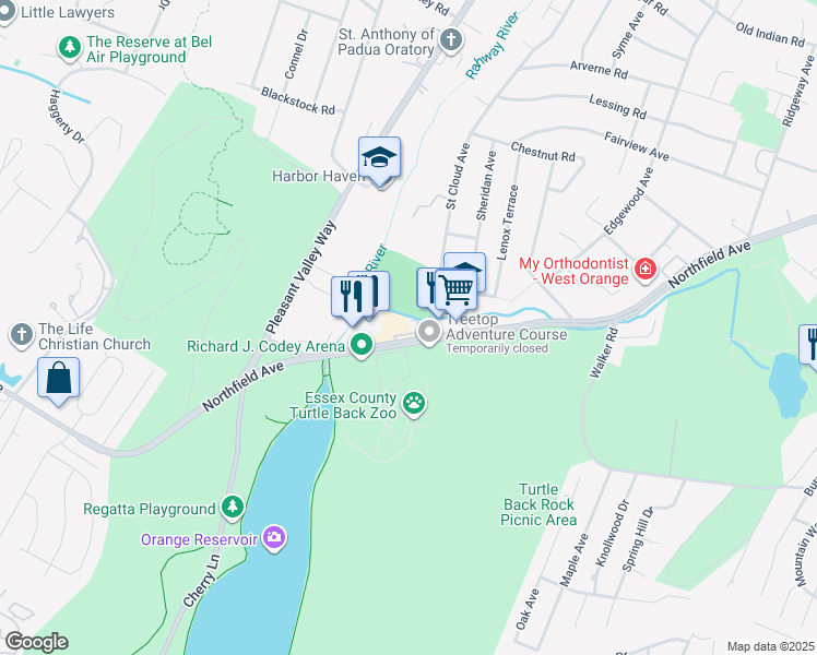 map of restaurants, bars, coffee shops, grocery stores, and more near 547-555 Northfield Avenue in West Orange