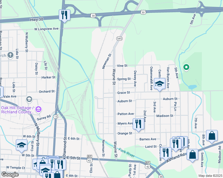 map of restaurants, bars, coffee shops, grocery stores, and more near 415 Wayne Street in Mansfield
