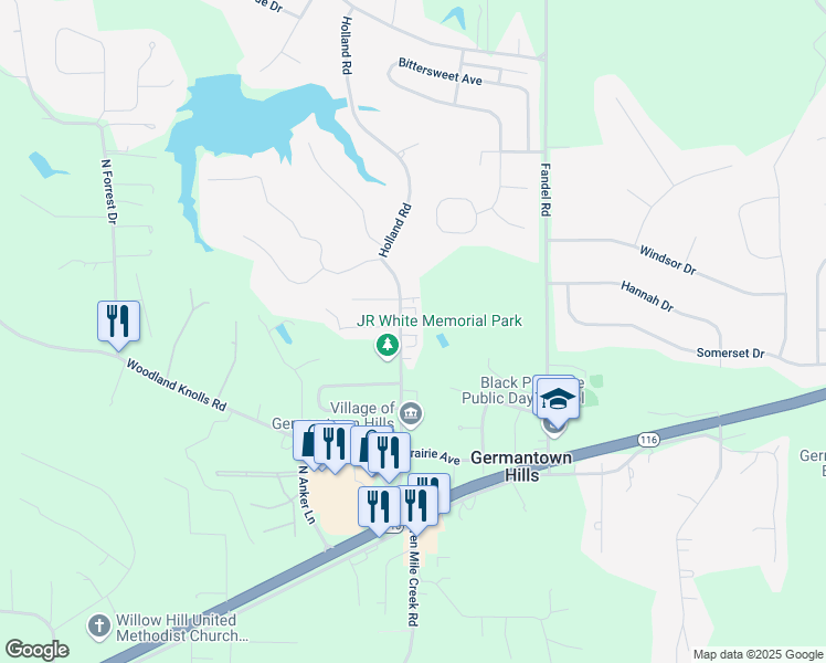 map of restaurants, bars, coffee shops, grocery stores, and more near 410 Holland Road in Germantown Hills