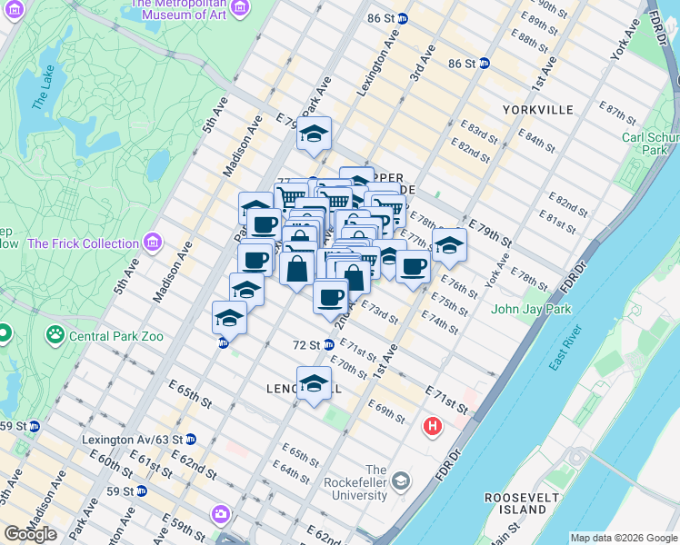 map of restaurants, bars, coffee shops, grocery stores, and more near 230 East 74th Street in New York